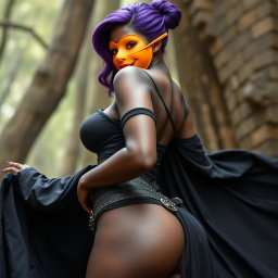 A slim thick, chocolate toned African American woman with a slim waist, styled with striking purple hair
