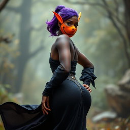 A slim thick, chocolate toned African American woman with a slim waist, styled with striking purple hair