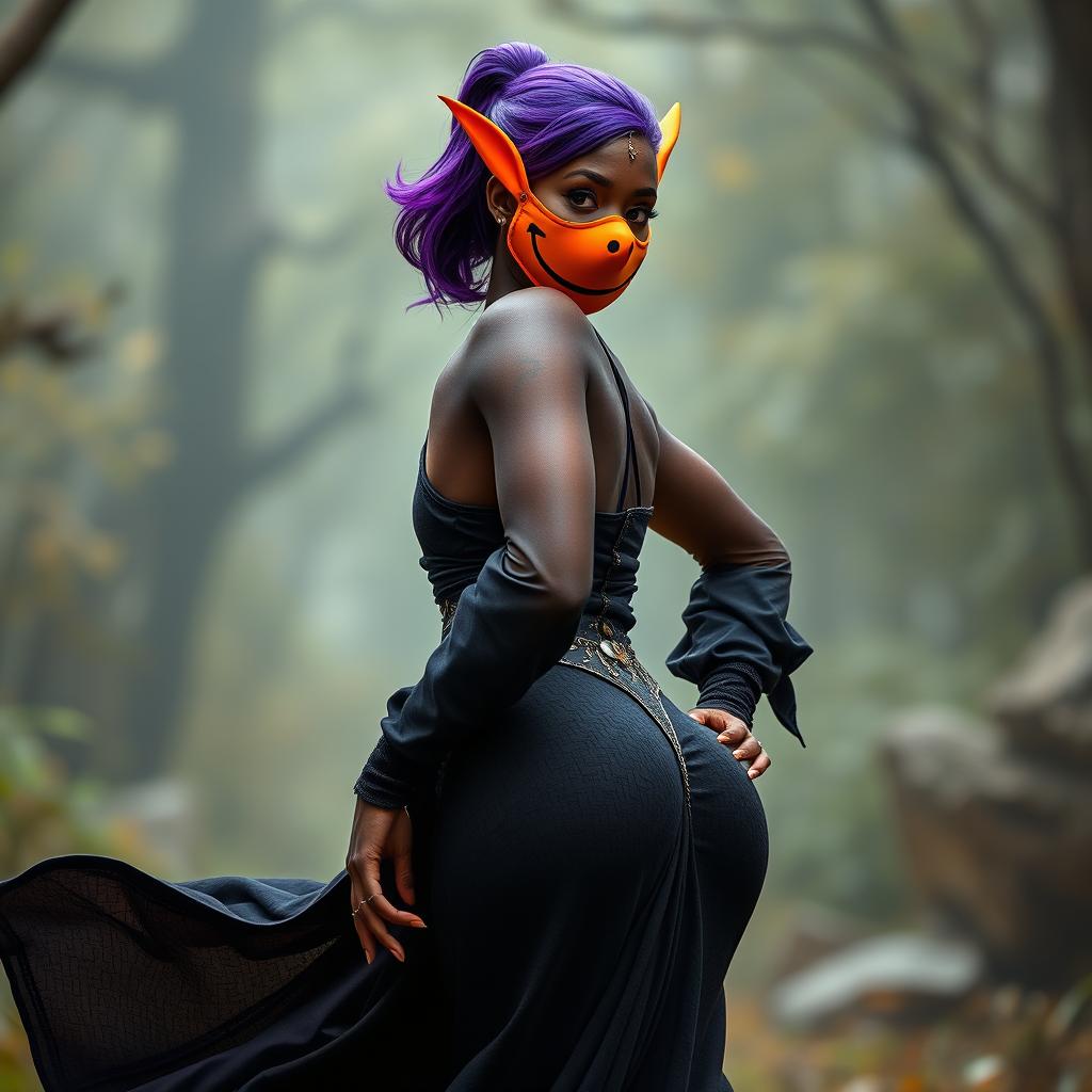 A slim thick, chocolate toned African American woman with a slim waist, styled with striking purple hair