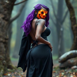 A slim thick, chocolate toned African American woman with a slim waist, styled with striking purple hair