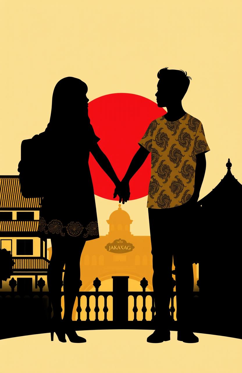 Silhouette of a Minang girl and a Jakarta boy standing side by side, with a background featuring a campus scene and traditional Minangkabau architecture, highlighting the conflict between love and tradition