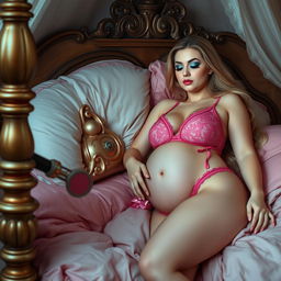 A sexy 18-year-old girl stands next to a luxurious Victorian bed, holding a remote and gazing at her beautiful girlfriend who is sleeping peacefully