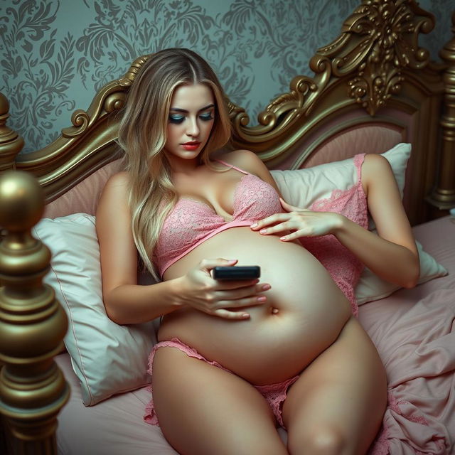 A sexy 18-year-old girl stands beside a luxurious Victorian bed, holding a remote while gently feeling the belly of her gorgeous girlfriend who is sleeping peacefully