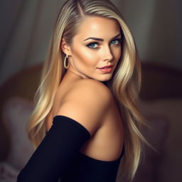 An attractive English woman with striking green eyes, voluptuous curves accentuating her ample breast and well-defined behind