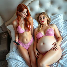 A sexy 18-year-old red-haired girl stands next to a luxurious bed, holding a remote while looking at her beautiful girlfriend who is sleeping peacefully