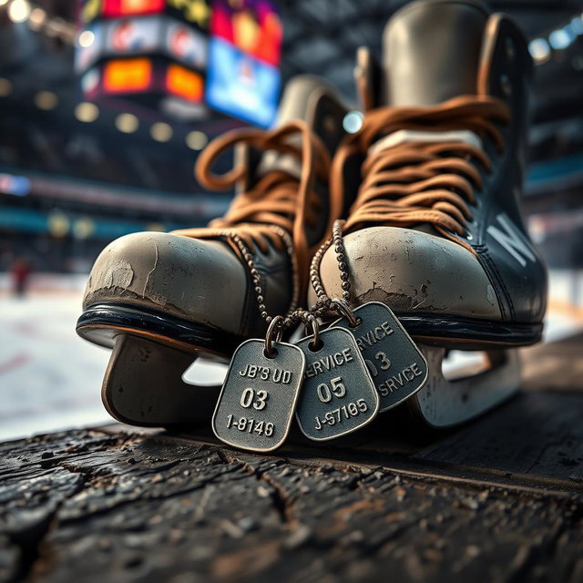 A close-up shot of ice hockey skates resting on a rough wooden surface, with a pair of military-style dog tags draped over the skates