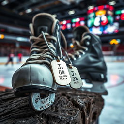 A close-up shot of ice hockey skates resting on a rough wooden surface, with a pair of military-style dog tags draped over the skates