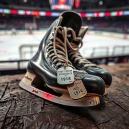 A close-up shot of ice hockey skates resting on a rough wooden surface, with a pair of military-style dog tags draped over the skates