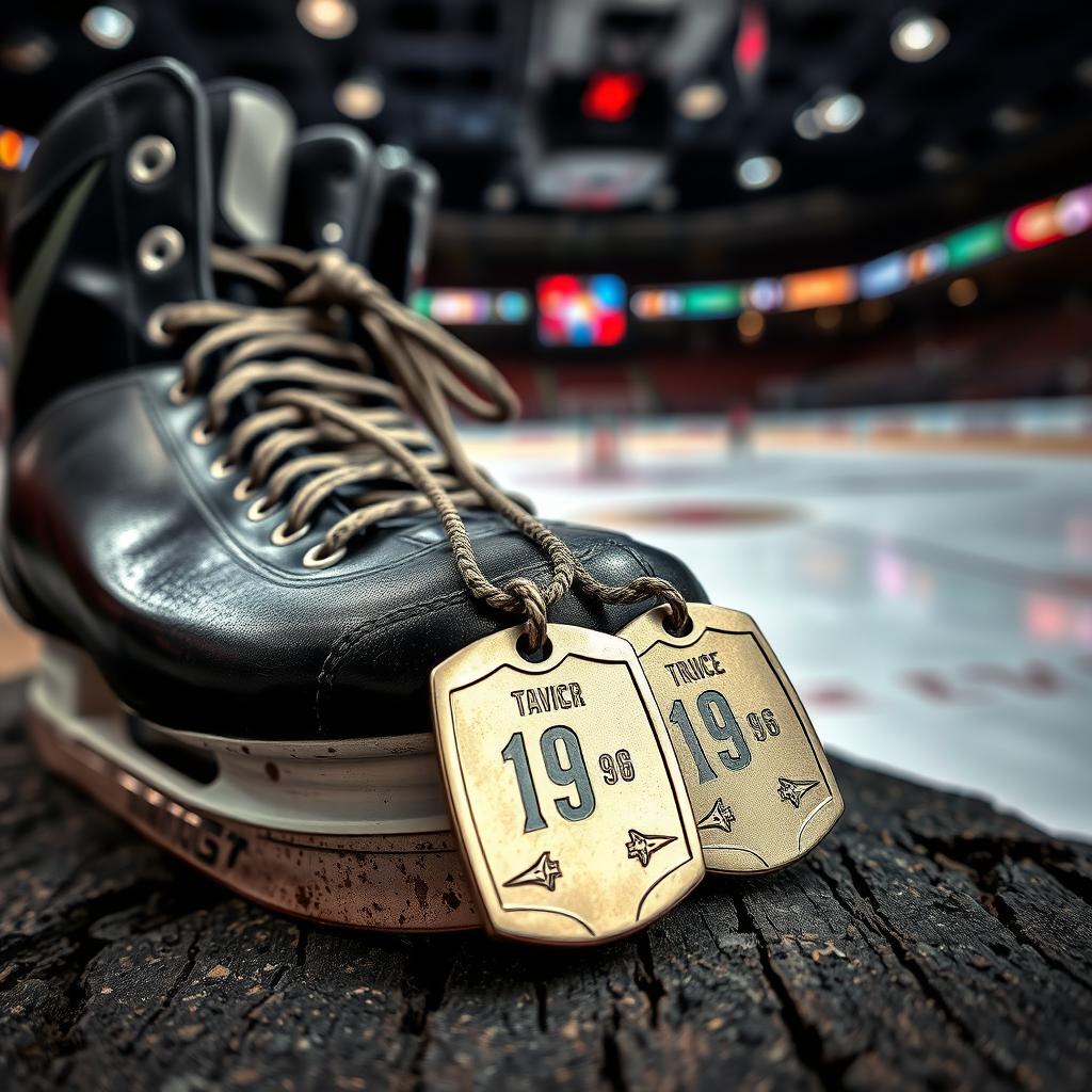 A close-up shot of ice hockey skates resting on a rough wooden surface, with a pair of military-style dog tags draped over the skates
