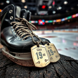 A close-up shot of ice hockey skates resting on a rough wooden surface, with a pair of military-style dog tags draped over the skates