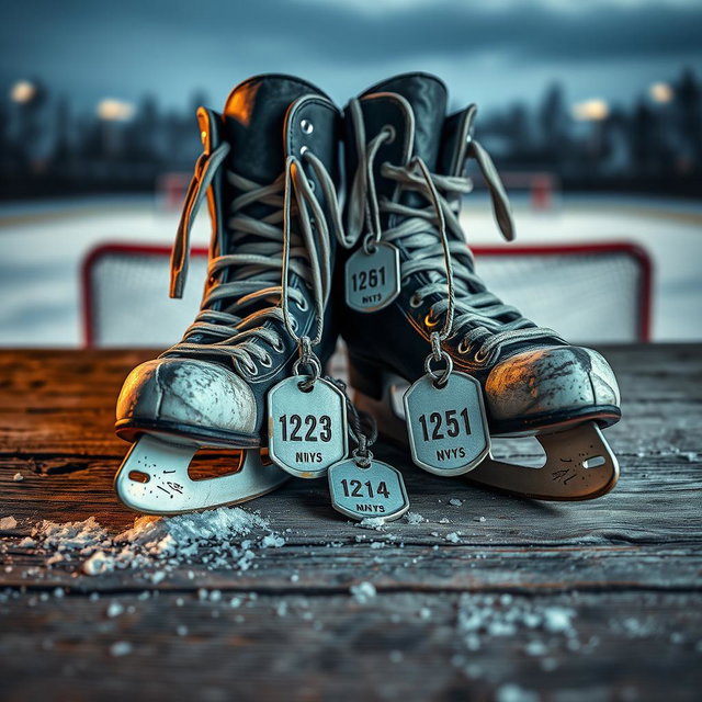 A detailed composition featuring a pair of ice hockey skates positioned on a rustic wooden surface