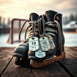 A detailed composition featuring a pair of ice hockey skates positioned on a rustic wooden surface
