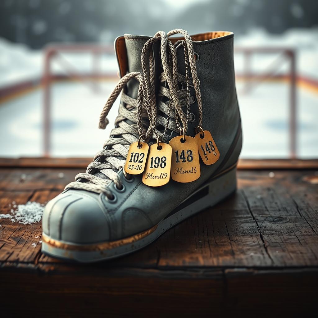 A detailed composition featuring a pair of ice hockey skates positioned on a rustic wooden surface