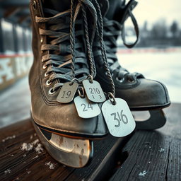 A detailed composition featuring a pair of ice hockey skates positioned on a rustic wooden surface
