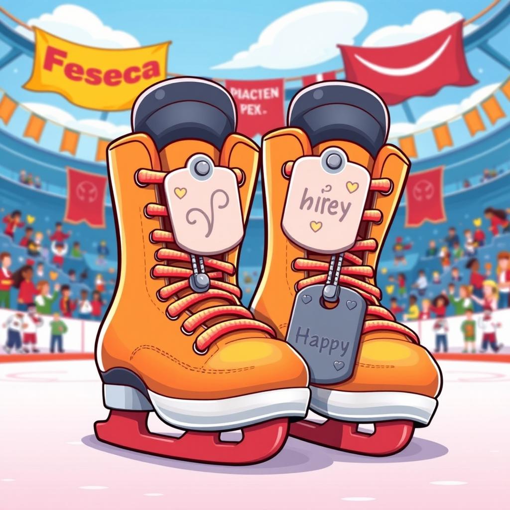 A vibrant and playful illustration of cartoon-style ice hockey skates, characterized by exaggerated features and bright colors
