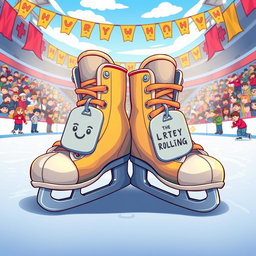 A vibrant and playful illustration of cartoon-style ice hockey skates, characterized by exaggerated features and bright colors