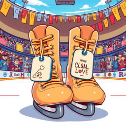 A vibrant and playful illustration of cartoon-style ice hockey skates, characterized by exaggerated features and bright colors