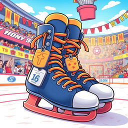 A vibrant and playful illustration of cartoon-style ice hockey skates, characterized by exaggerated features and bright colors
