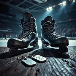 A striking image of a pair of ice hockey skates placed on a textured wooden surface, prominently displaying their sharp blades and intricate lacing