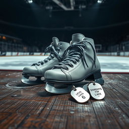 A striking image of a pair of ice hockey skates placed on a textured wooden surface, prominently displaying their sharp blades and intricate lacing