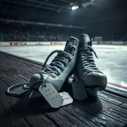 A striking image of a pair of ice hockey skates placed on a textured wooden surface, prominently displaying their sharp blades and intricate lacing