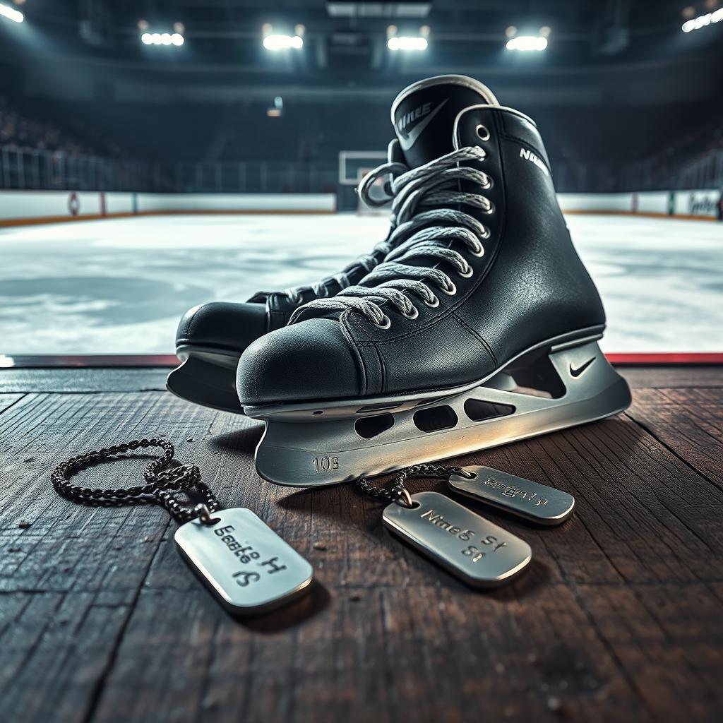 A striking image of a pair of ice hockey skates placed on a textured wooden surface, prominently displaying their sharp blades and intricate lacing
