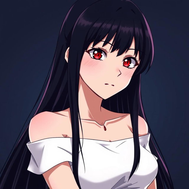 A woman in a white dress with bare shoulders, featuring long black hair and striking red eyes