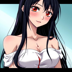 A woman in a white dress with bare shoulders, featuring long black hair and striking red eyes