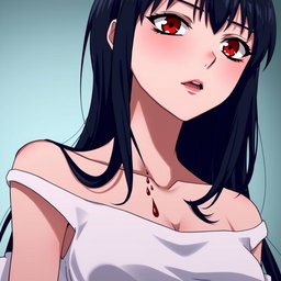 A woman in a white dress with bare shoulders, featuring long black hair and striking red eyes