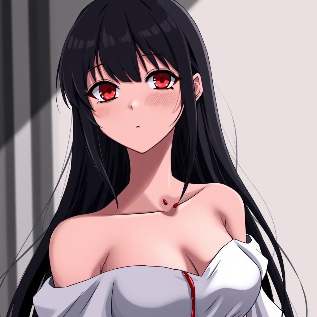 A woman in a white dress with bare shoulders, featuring long black hair and striking red eyes