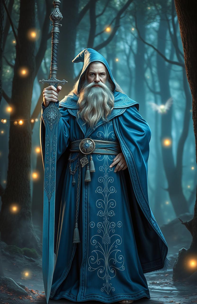 A powerful wizard standing confidently, holding a beautifully ornate sword in one hand