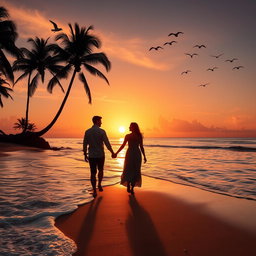 A serene beach scene at sunset, featuring gentle waves lapping against the shore