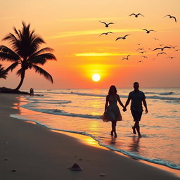 A serene beach scene at sunset, featuring gentle waves lapping against the shore