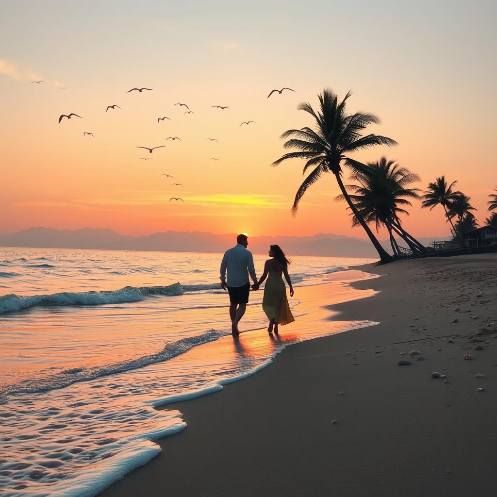 A serene beach scene at sunset, featuring gentle waves lapping against the shore
