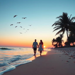 A serene beach scene at sunset, featuring gentle waves lapping against the shore
