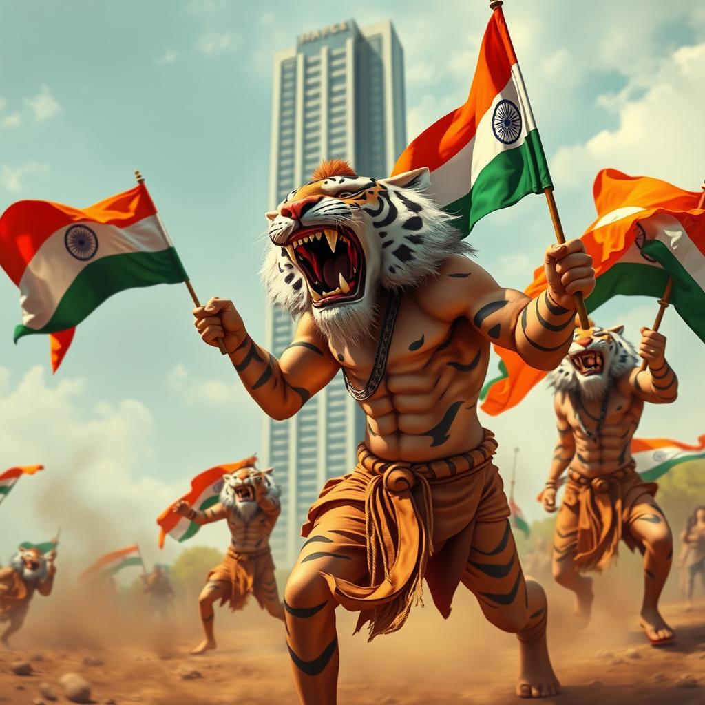 An imaginative depiction of a Manas character, with a fierce tiger's mouth and the muscular body of a traditional Manas