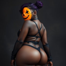 A slim thick, chocolate toned African American woman with a slim waist and creatively styled purple hair