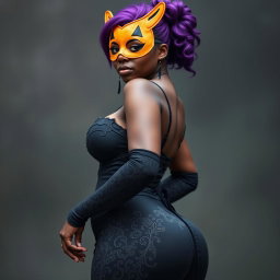 A slim thick, chocolate toned African American woman with a slim waist and creatively styled purple hair