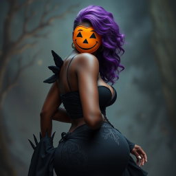 A slim thick, chocolate toned African American woman with a slim waist and creatively styled purple hair