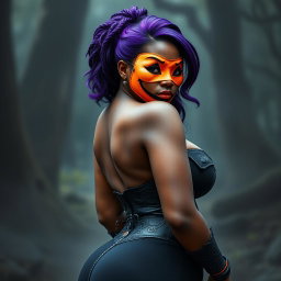A slim thick, chocolate toned African American woman with a slim waist and creatively styled purple hair