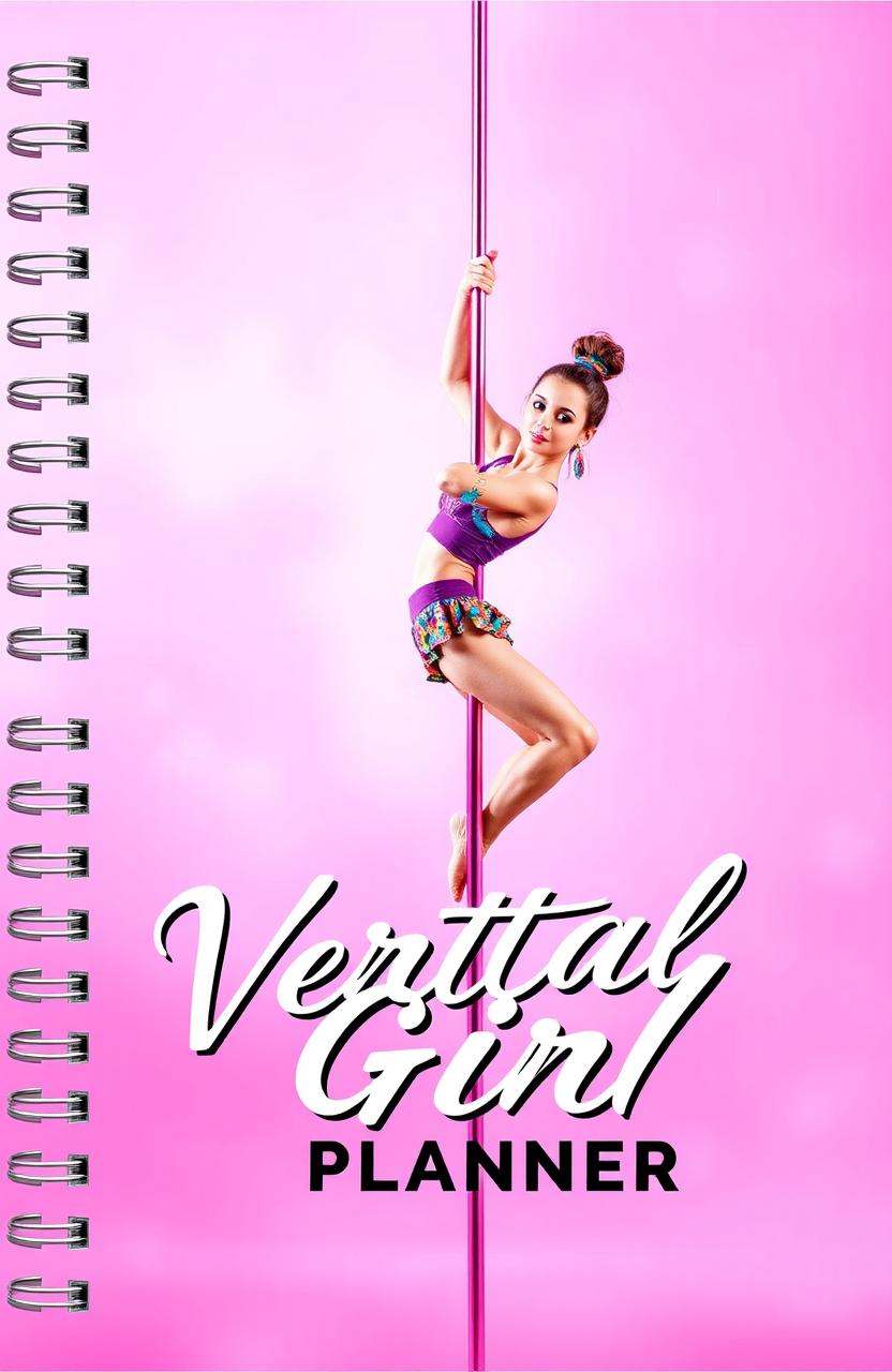 A dynamic and visually appealing cover for a planner featuring a strong and elegant girl performing pole dance in an impressive pose