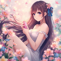 A beautiful anime girl with long flowing hair, depicted in a fantasy setting filled with colorful flowers