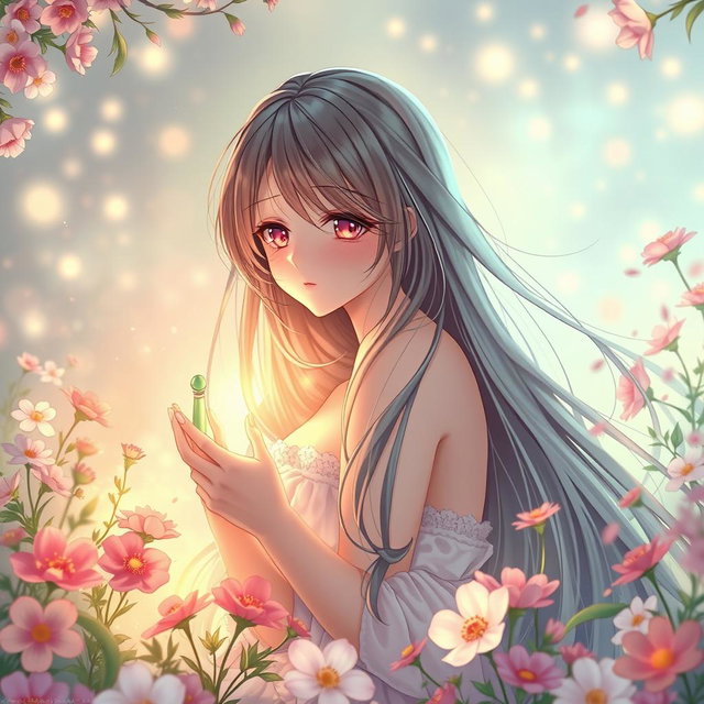 A beautiful anime girl with long flowing hair, depicted in a fantasy setting filled with colorful flowers