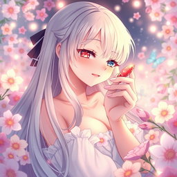 A beautiful anime girl with long flowing hair, depicted in a fantasy setting filled with colorful flowers