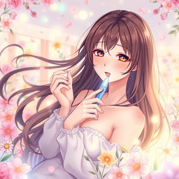 A beautiful anime girl with long flowing hair, depicted in a fantasy setting filled with colorful flowers