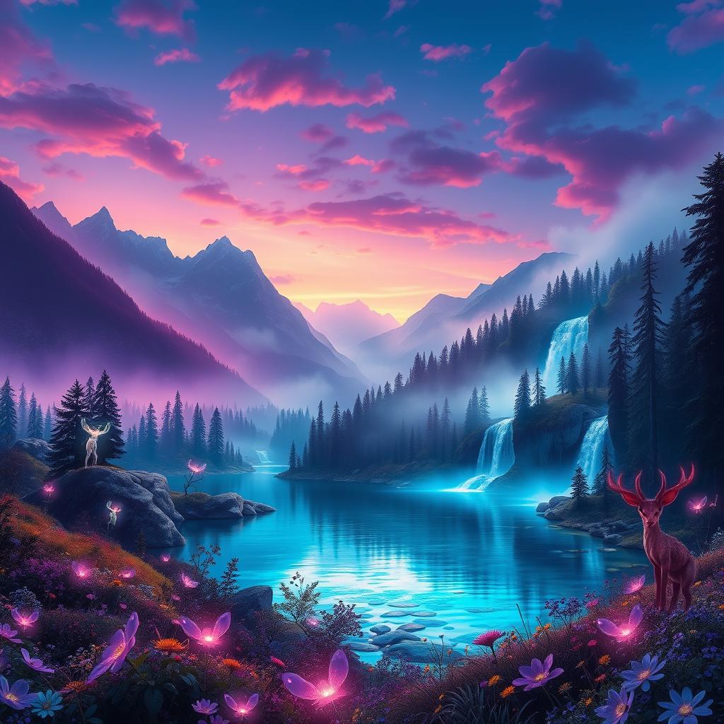 A stunning fantasy landscape showcasing a vast enchanted forest under a twilight sky, with glowing ethereal creatures weaving through the trees