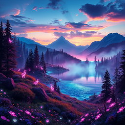 A stunning fantasy landscape showcasing a vast enchanted forest under a twilight sky, with glowing ethereal creatures weaving through the trees