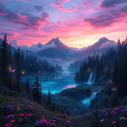 A stunning fantasy landscape showcasing a vast enchanted forest under a twilight sky, with glowing ethereal creatures weaving through the trees