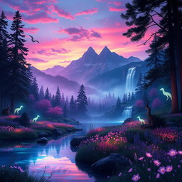 A stunning fantasy landscape showcasing a vast enchanted forest under a twilight sky, with glowing ethereal creatures weaving through the trees