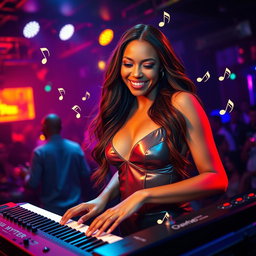 A stunning 39-year-old attractive white woman named Dayna Wynter passionately playing keyboards on a vibrant nightclub stage